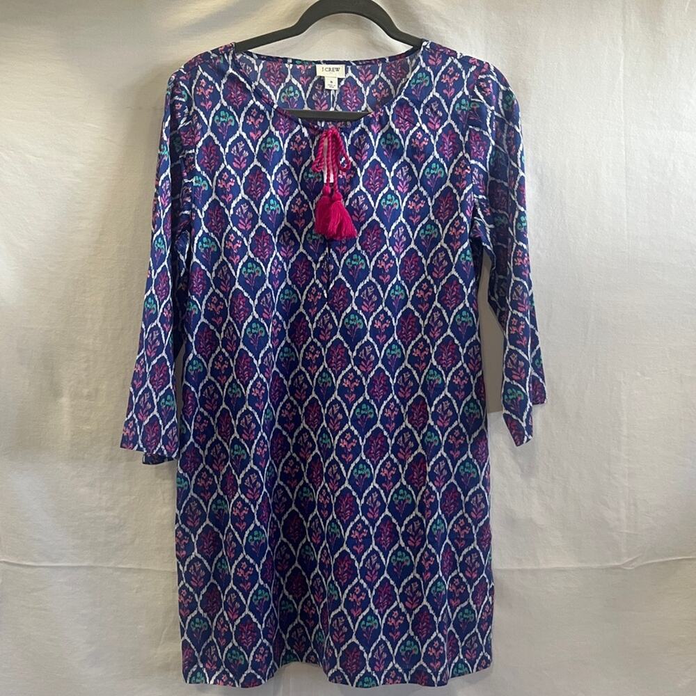 J Crew Floral Multicolor Dress Womens Size Small Tassel Neck 3/4 Sleeve Beachy